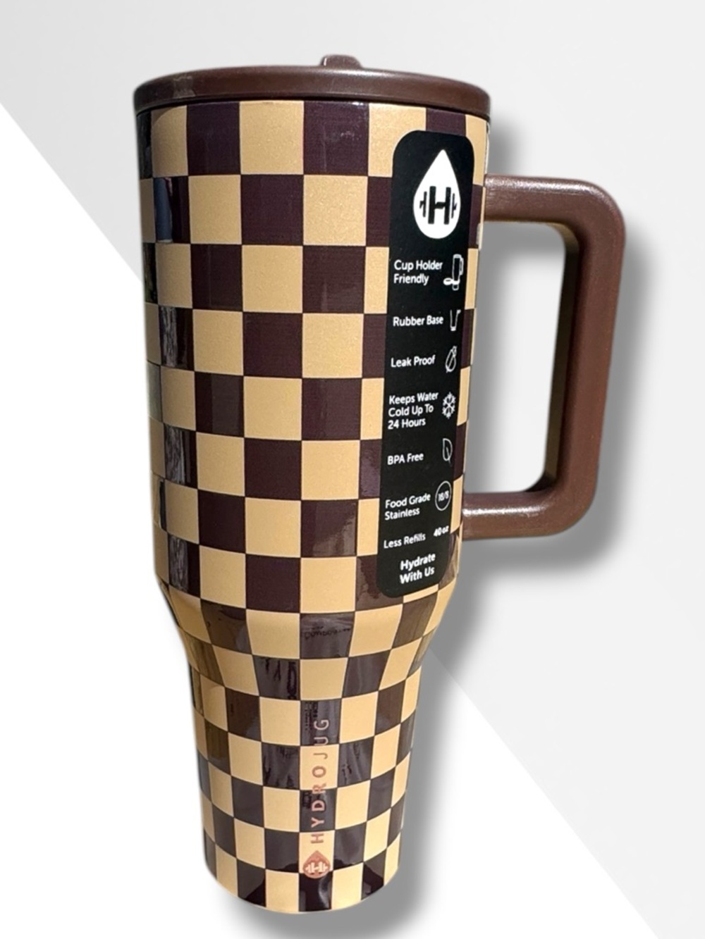 ravel Brown and Cream Checkered Insulated Travel Mug with Handle - Picture 3 of 5